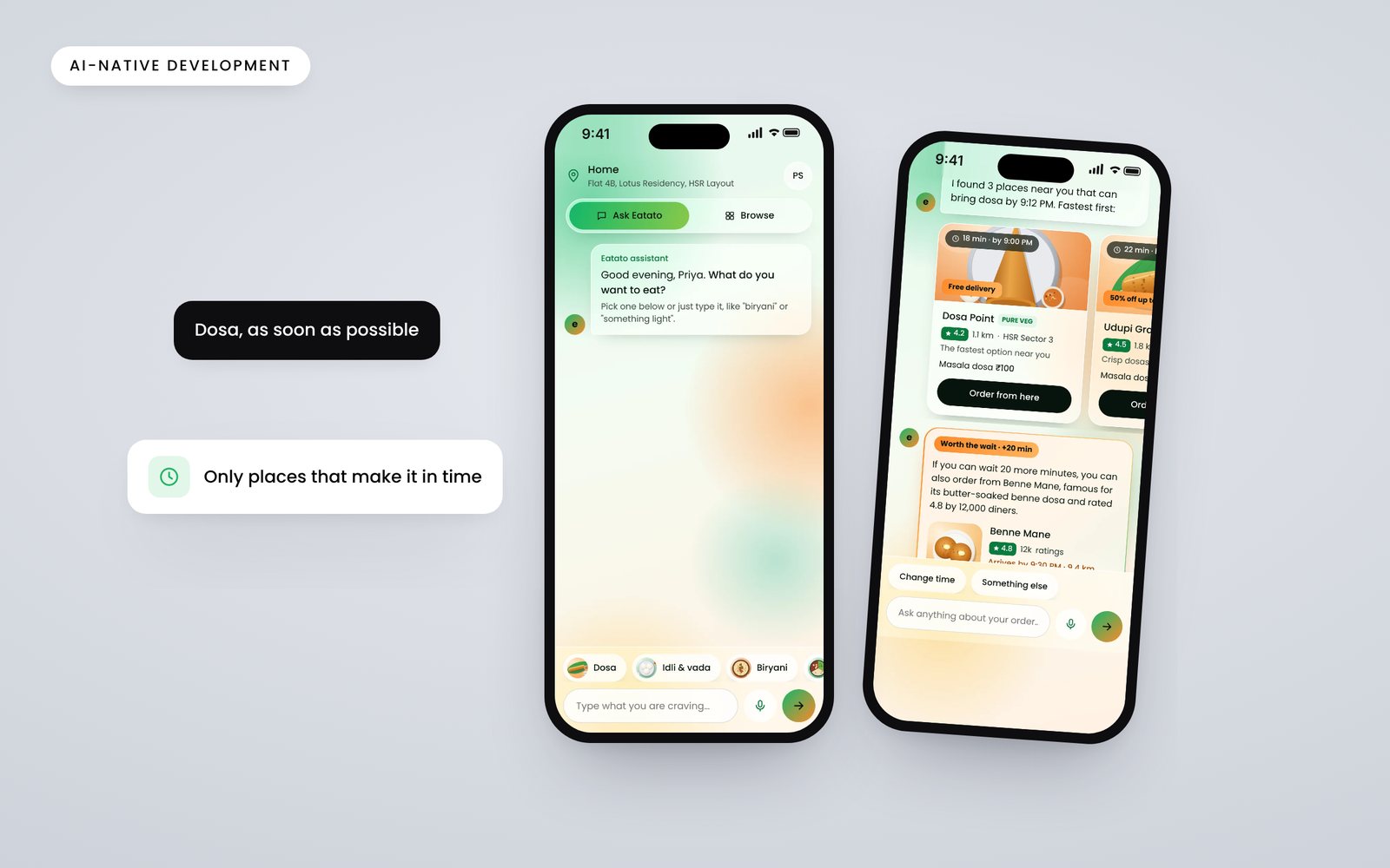 A chat screen ordering food: what do you want to eat, and how soon?