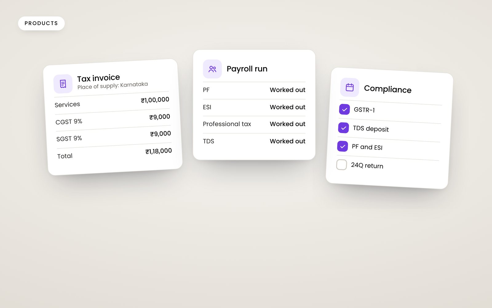 ERP cards showing a GST invoice, a payroll run and a TDS summary