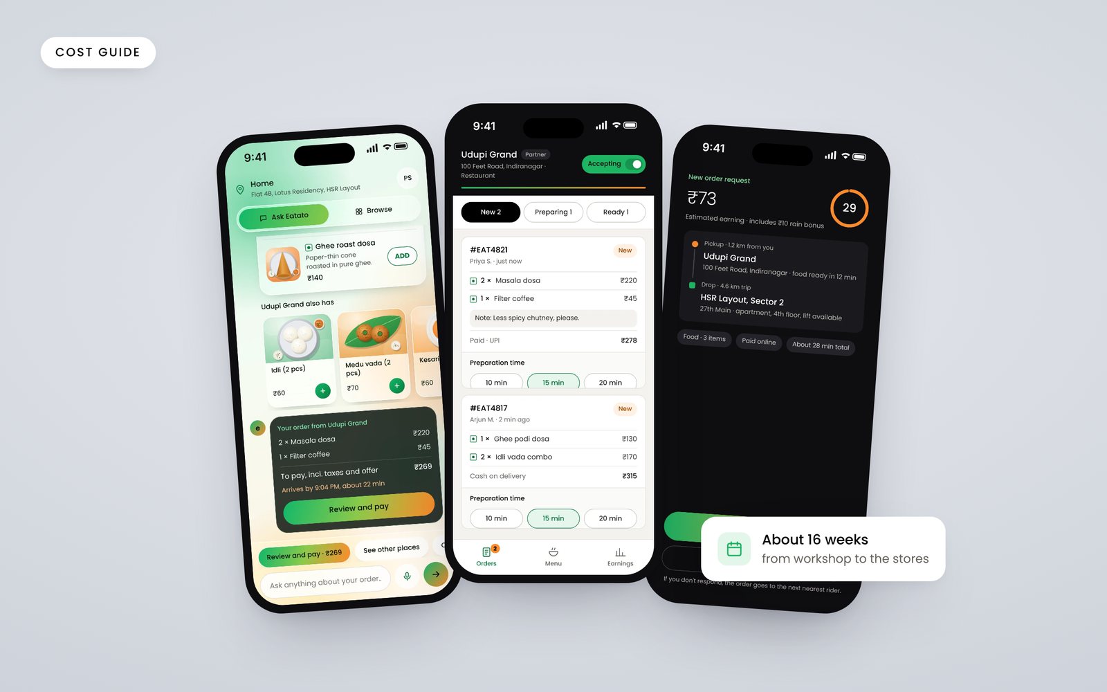 Screens of the Eatato food delivery concept: ordering by chat, the store app and the rider app