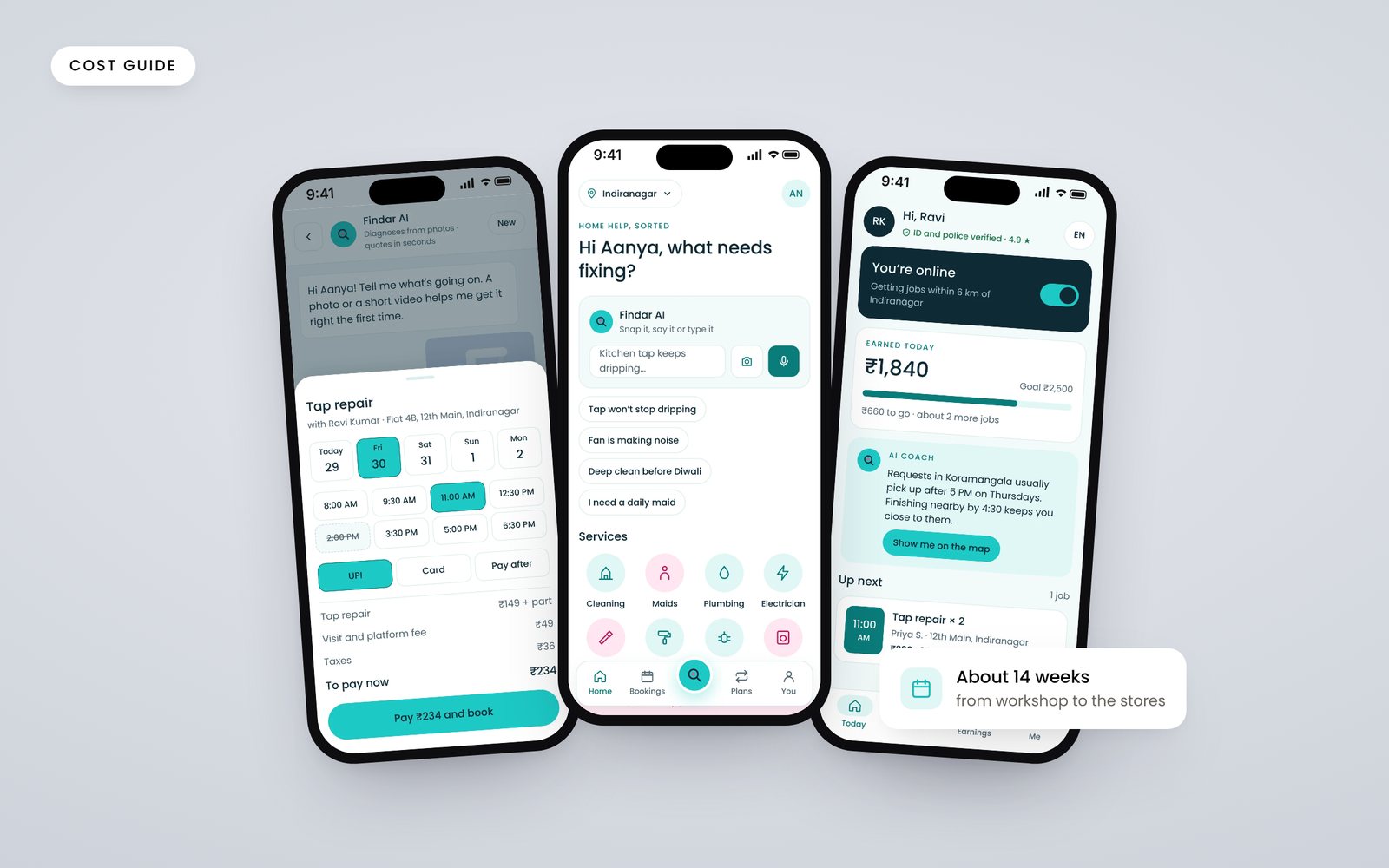 Screens of the Findar home services app concept, with a customer booking and a partner's job