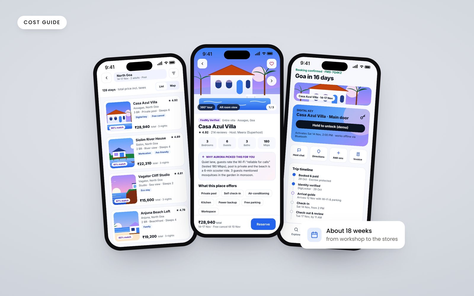 Screens of the FindMy Stay vacation rental concept: a villa, checkout and a digital key