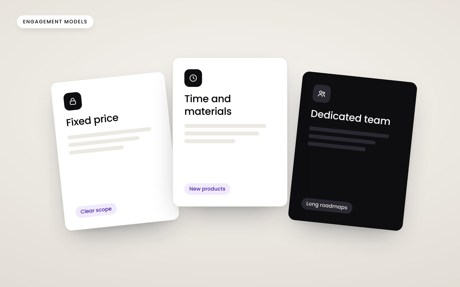Three cards comparing fixed price, time and materials and a dedicated team