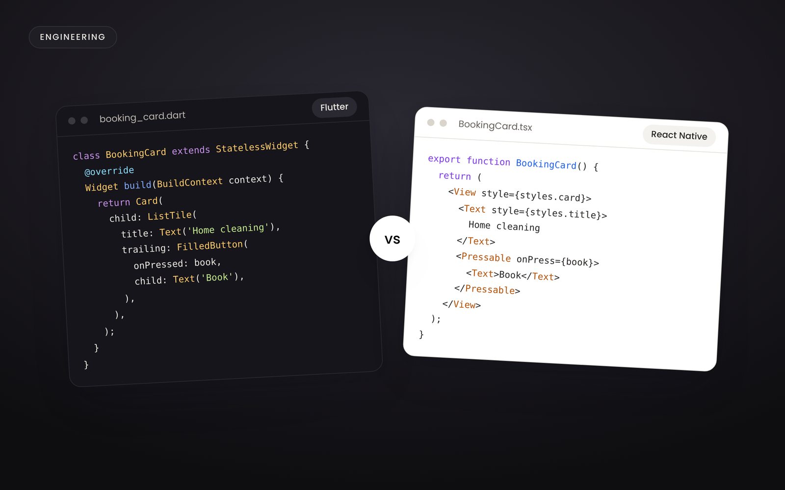 Two code cards side by side, one for Flutter and one for React Native