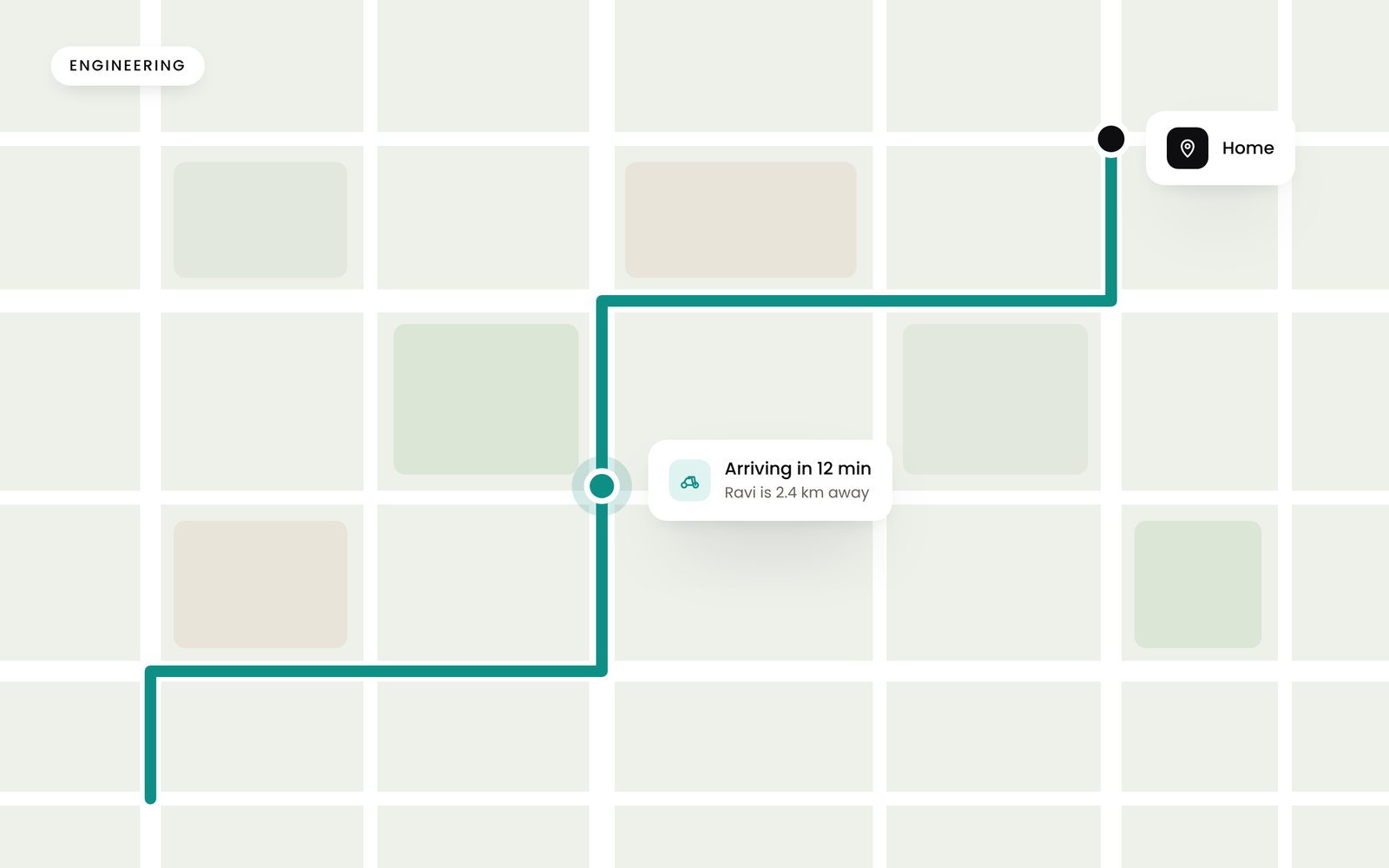 A map with a route line, a moving rider marker and an arrival time
