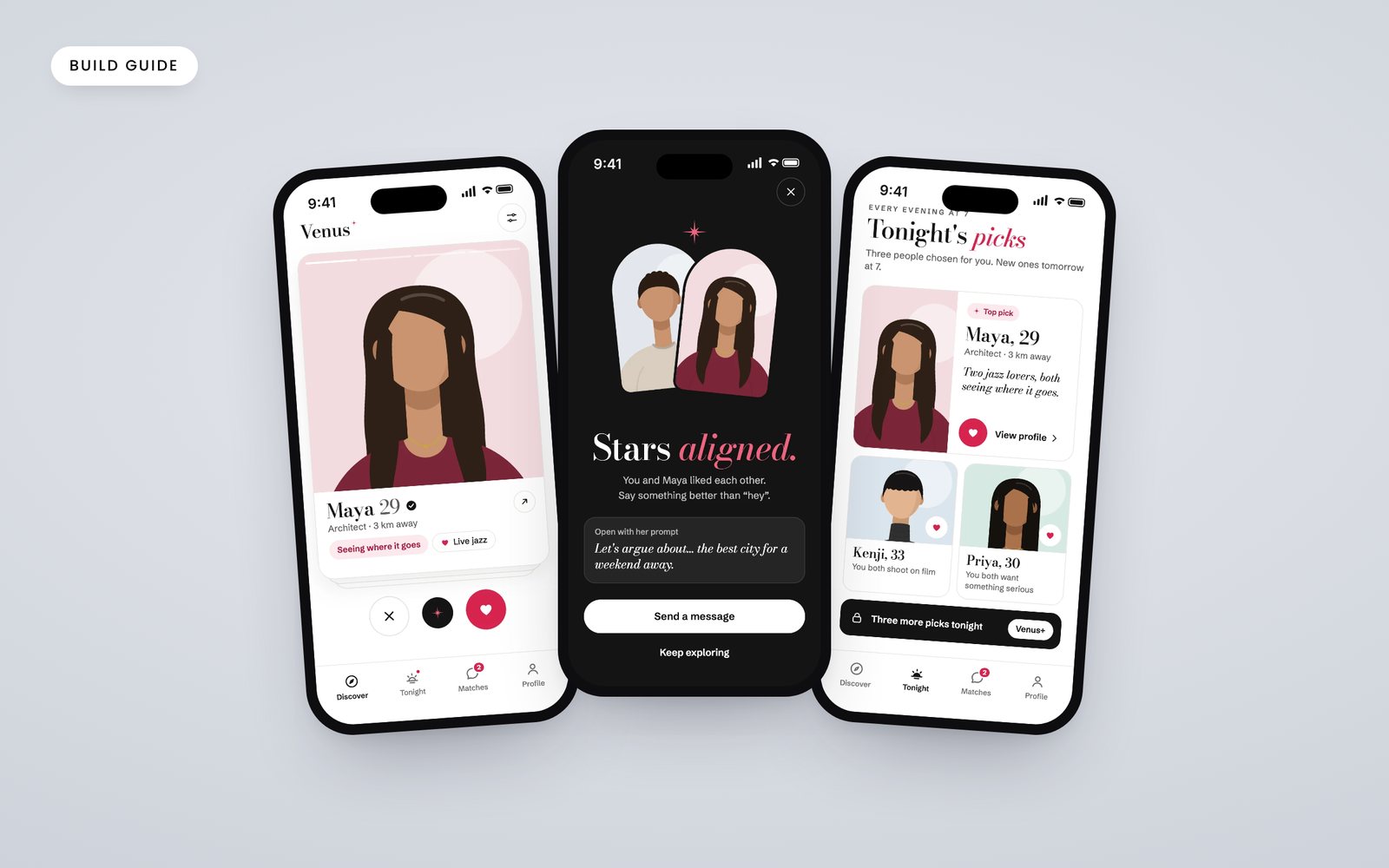Three screens of the Venus dating app concept: discover, a match and Tonight's picks