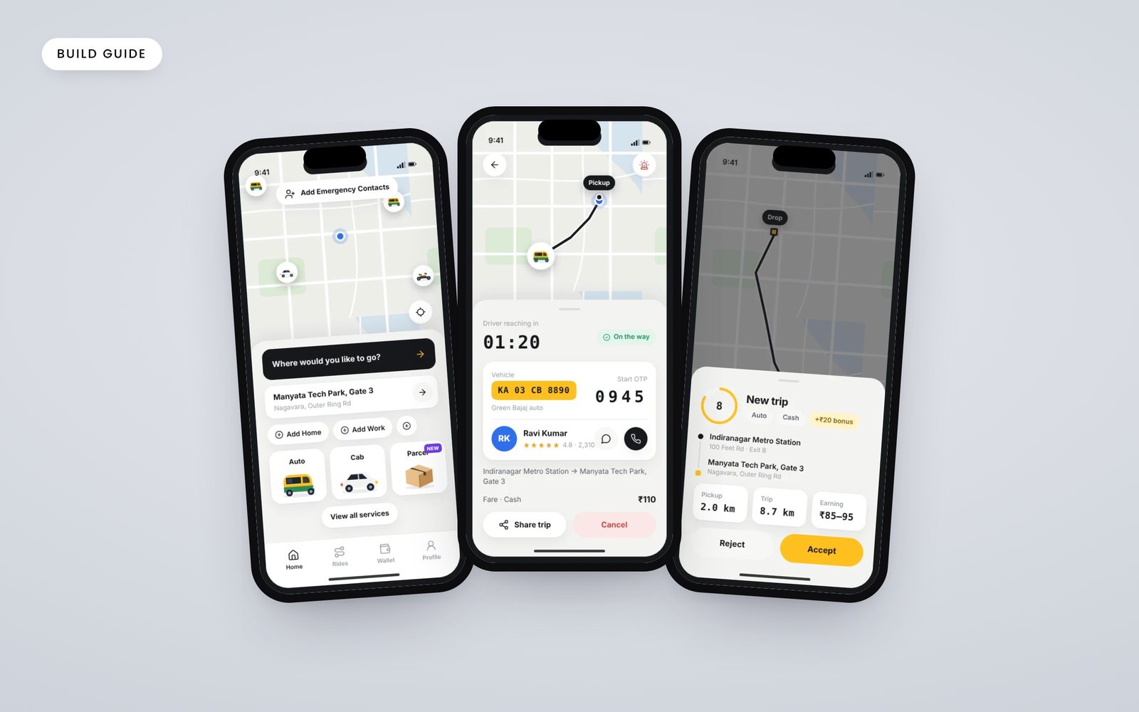 Screens of the BobsRide ride-hailing concept: booking a ride, a driver on the way and driver earnings