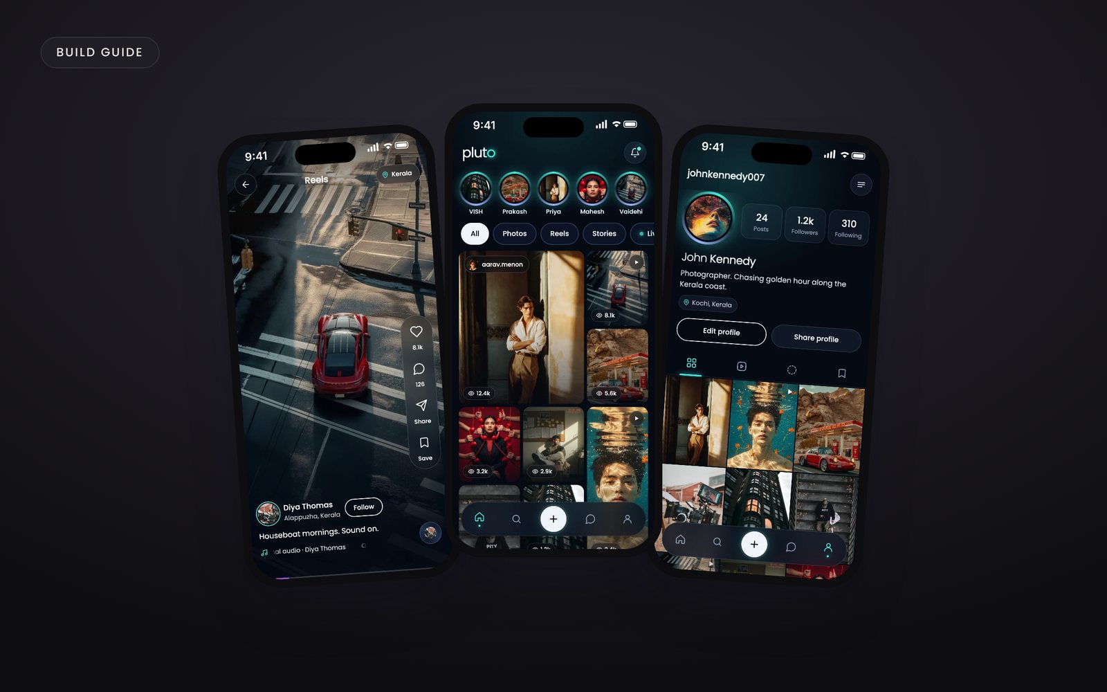 Screens of the Pluto social media app concept: the home grid, Reels and a profile