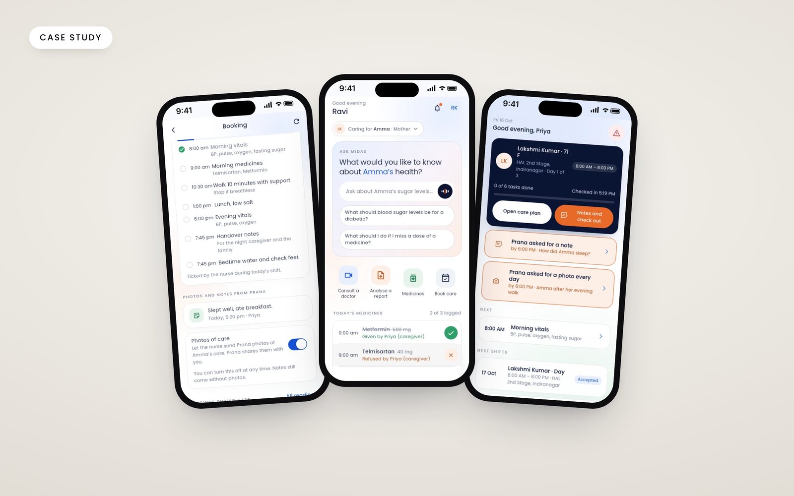 Screens of the MiDAS home healthcare app for families, doctors and nurses