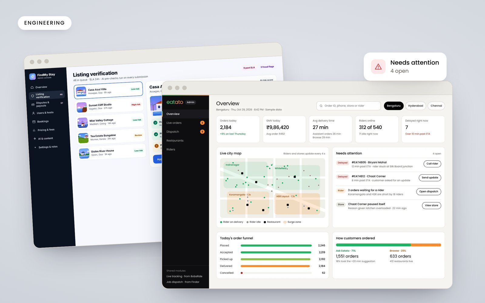A browser window showing a marketplace admin console with live orders and alerts