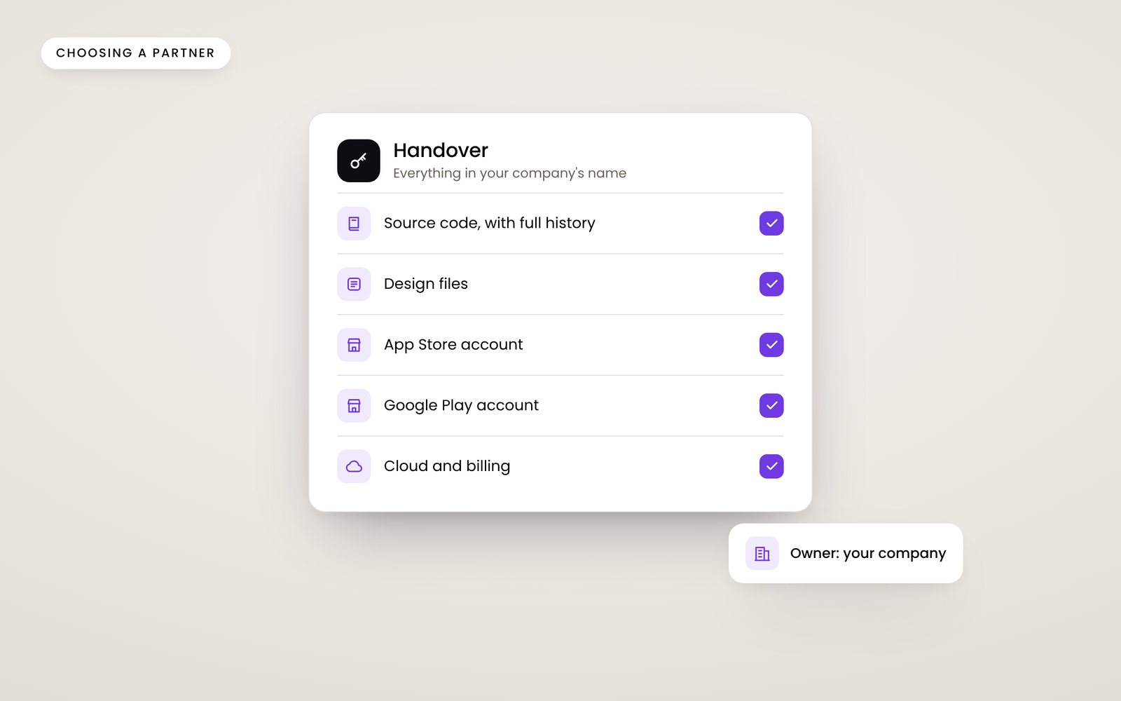 A handover card listing source code, designs and app store accounts with ticks