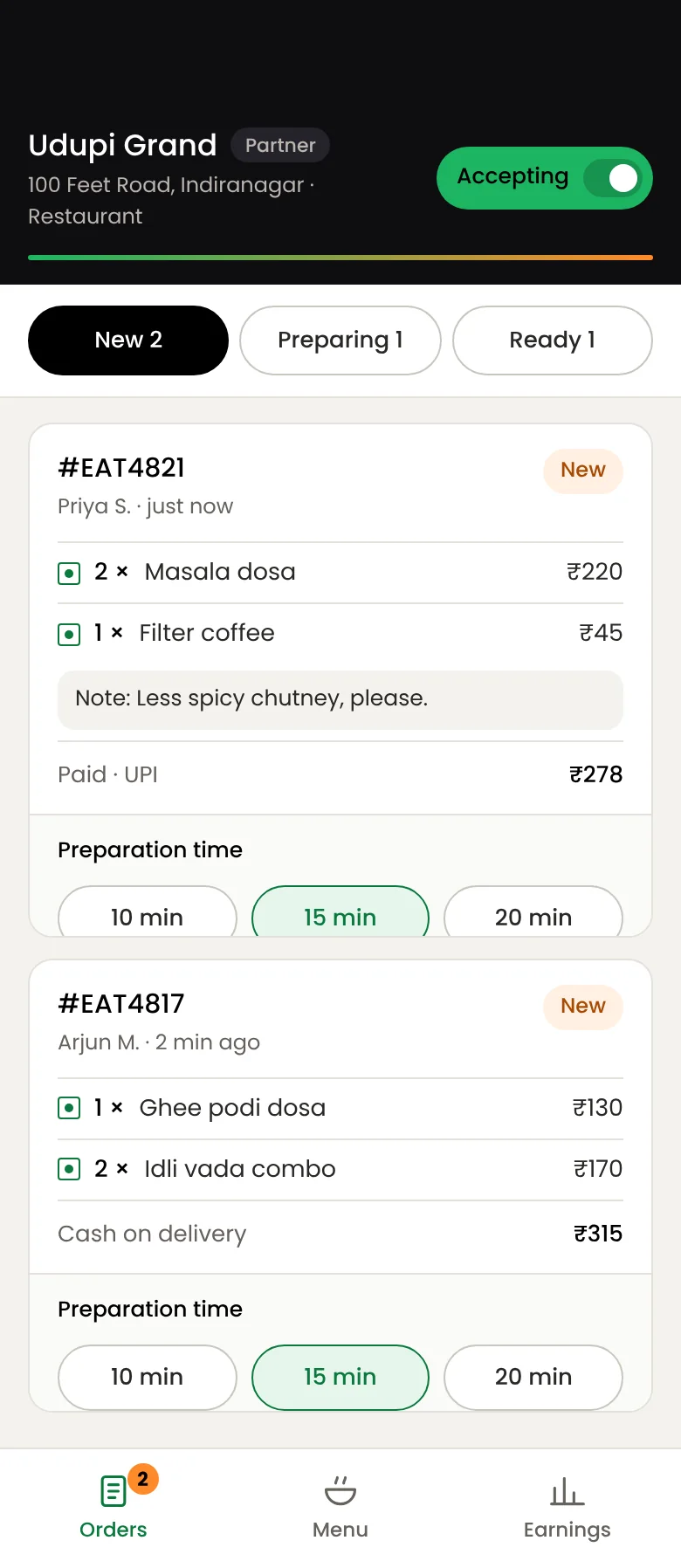 Eatato store app new orders
