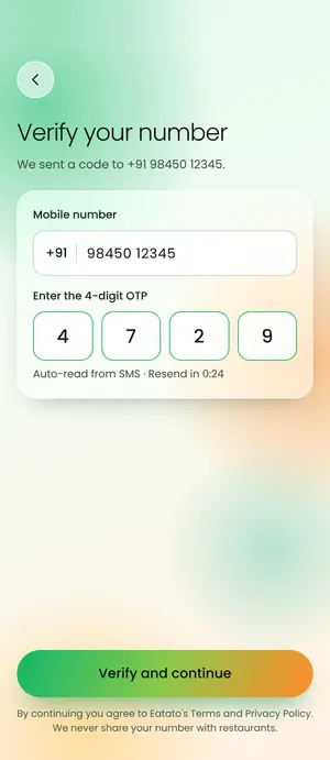 Eatato app: Verify your number