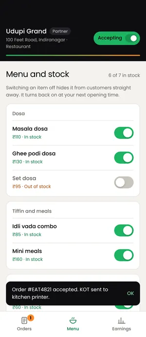 Eatato app: Menu and stock
