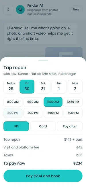 Findar app: Pick a time and pay