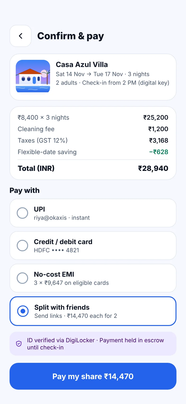 FindMy Stay checkout with split payments