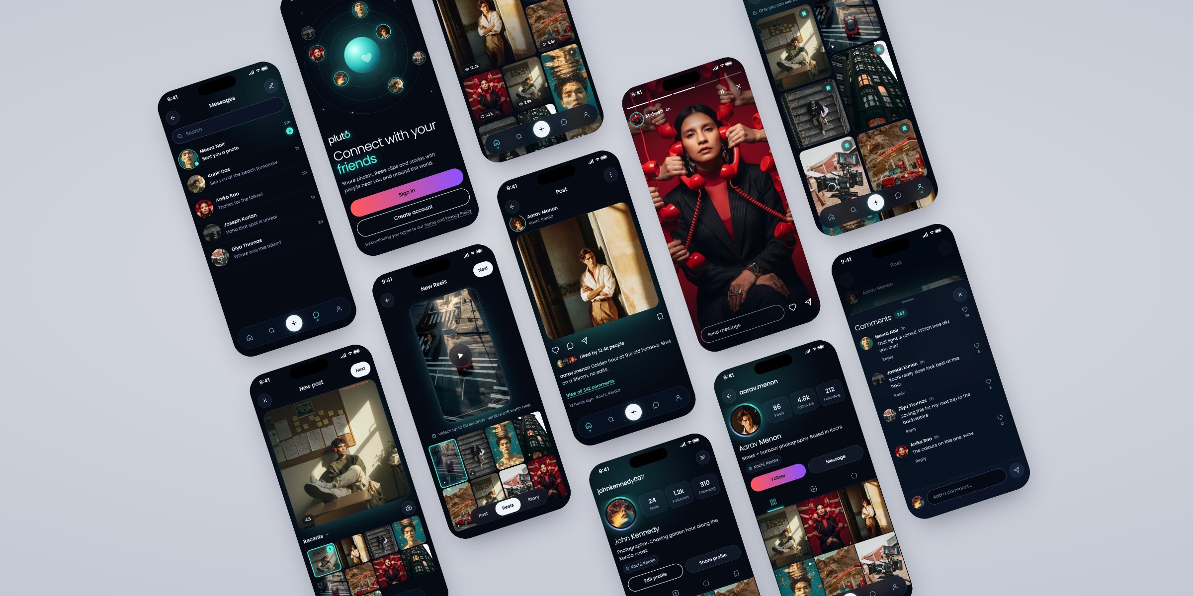 Pluto social media app screens: sign-up, the home feed, Reels, a post, messages and a profile