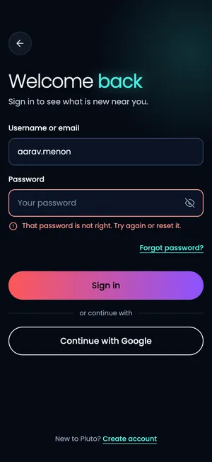 Pluto app: Wrong password