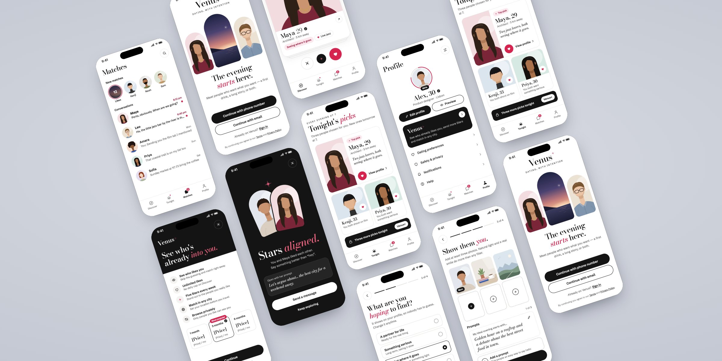 Venus dating app screens: welcome, discover, Tonight’s picks, a match, a conversation and Venus+
