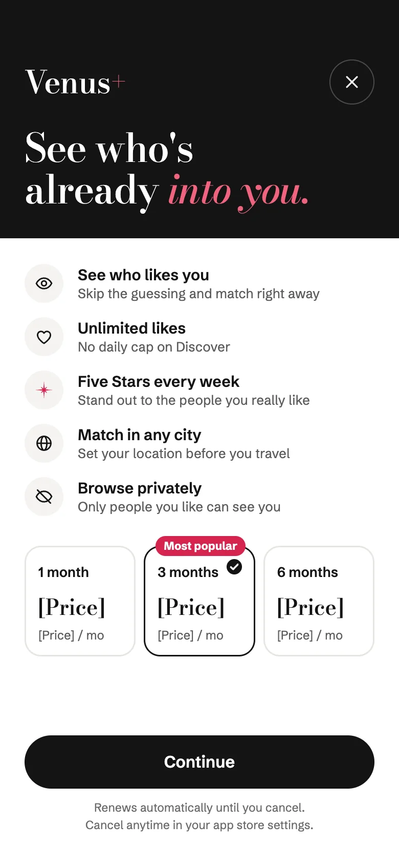 Venus+ subscription screen