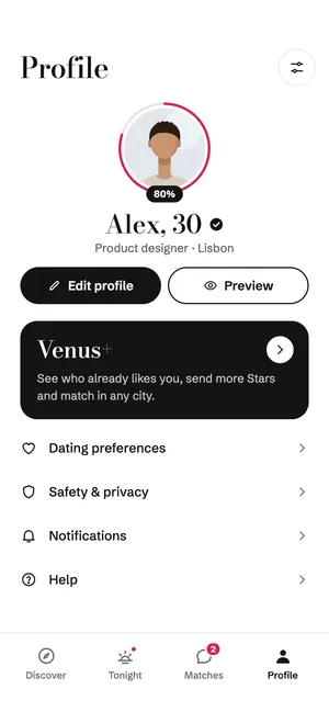 Venus app: Your profile