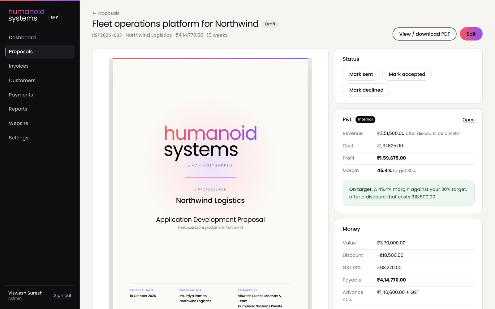 A saved proposal with its preview, status, internal P&L and payment stages