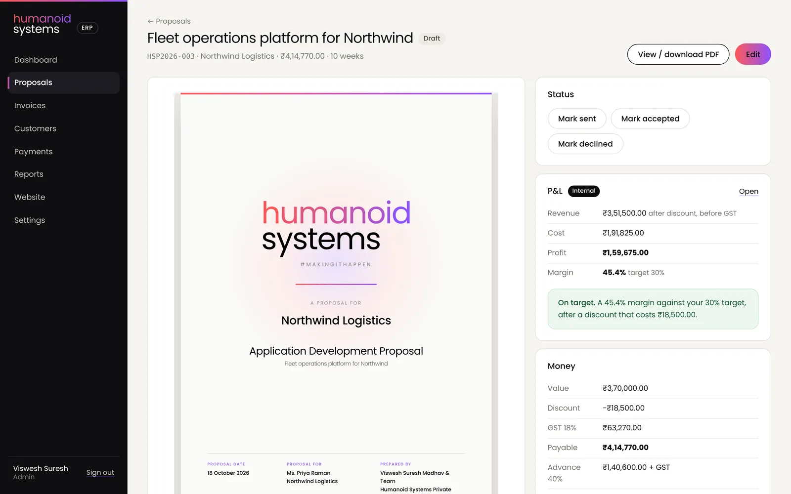 Humanoid ERP proposal builder
