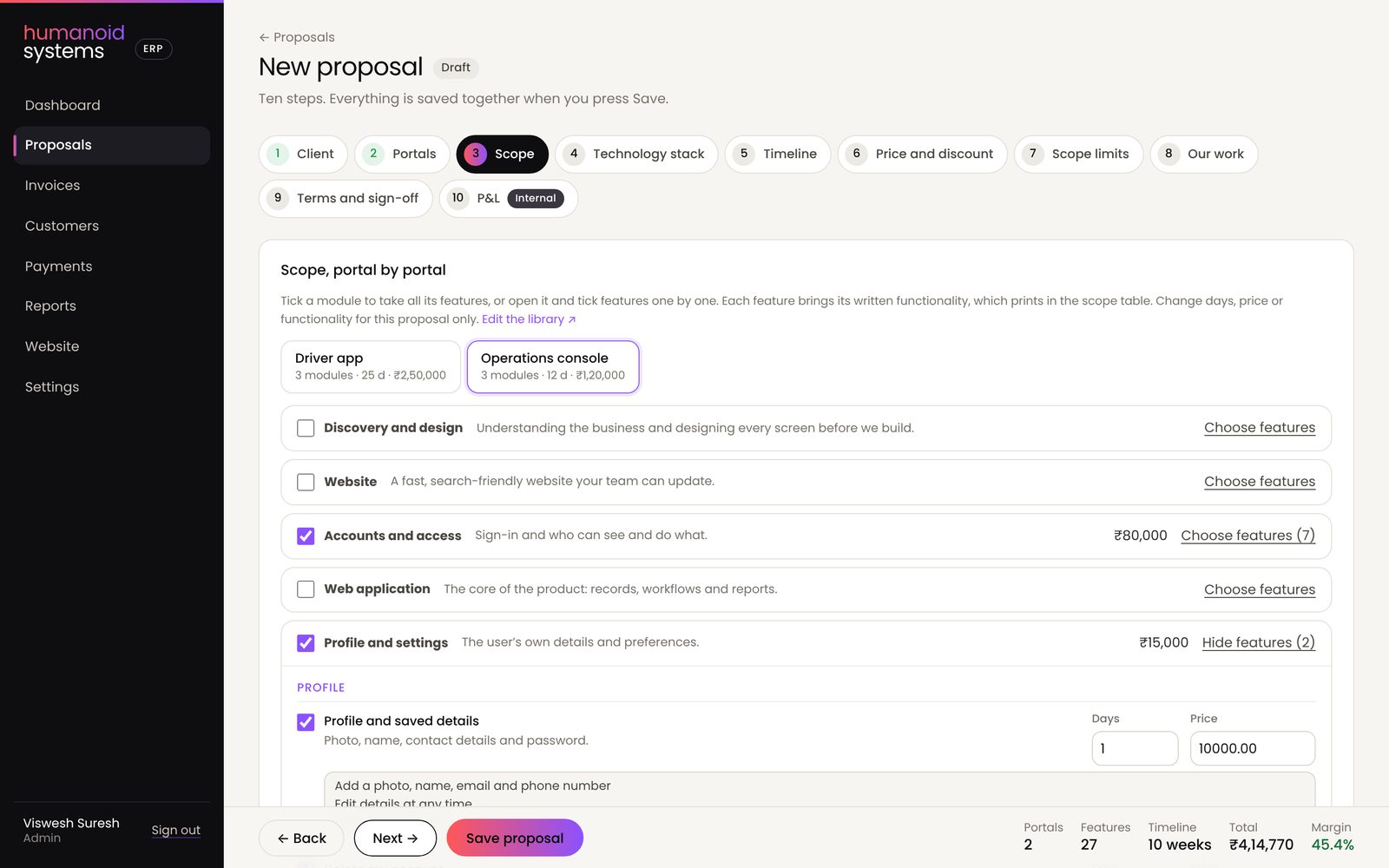 The proposal builder: scope chosen portal by portal from the module library