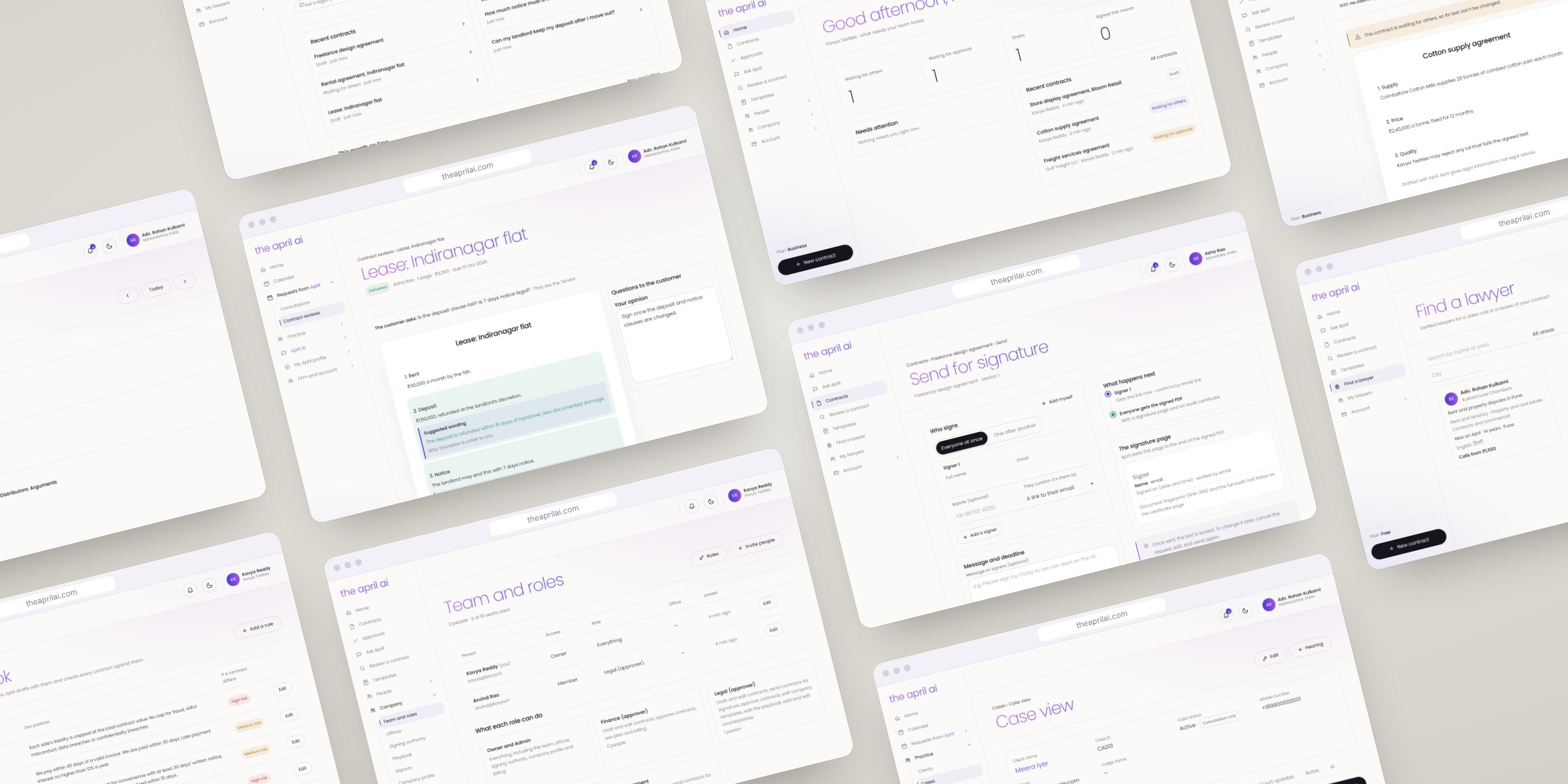 The April AI web portals: home screens, a contract review, send for signature, team and roles, a case with hearings and the lawyer calendar