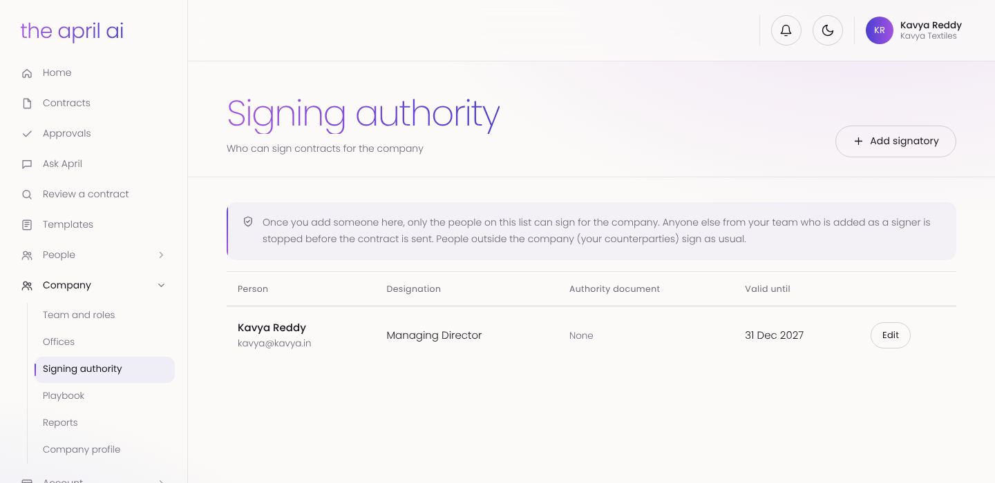 Signing authority screen listing who can sign for the company and until when