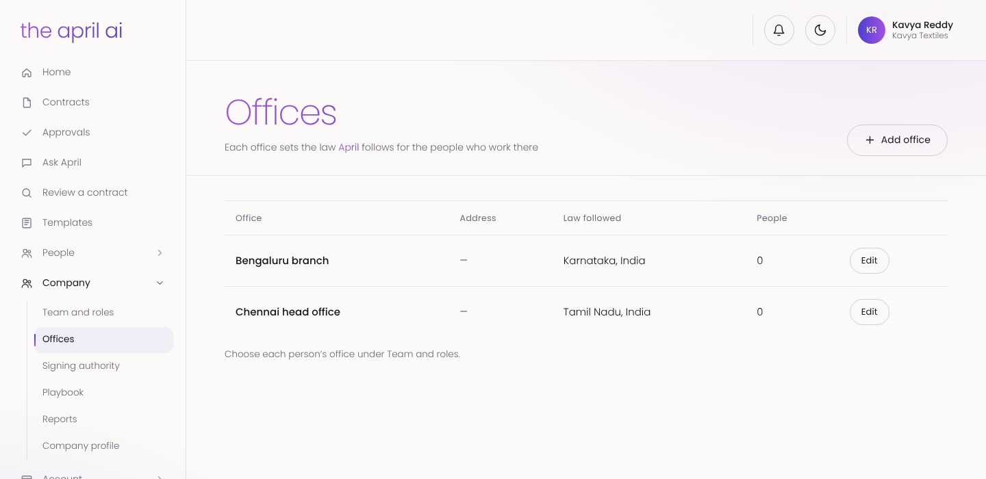 Offices screen with a Bengaluru branch following Karnataka law and a Chennai head office following Tamil Nadu law