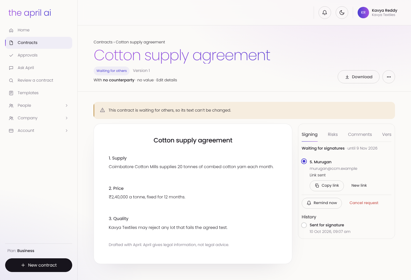A supply agreement waiting for signatures, with signing status, reminders and history
