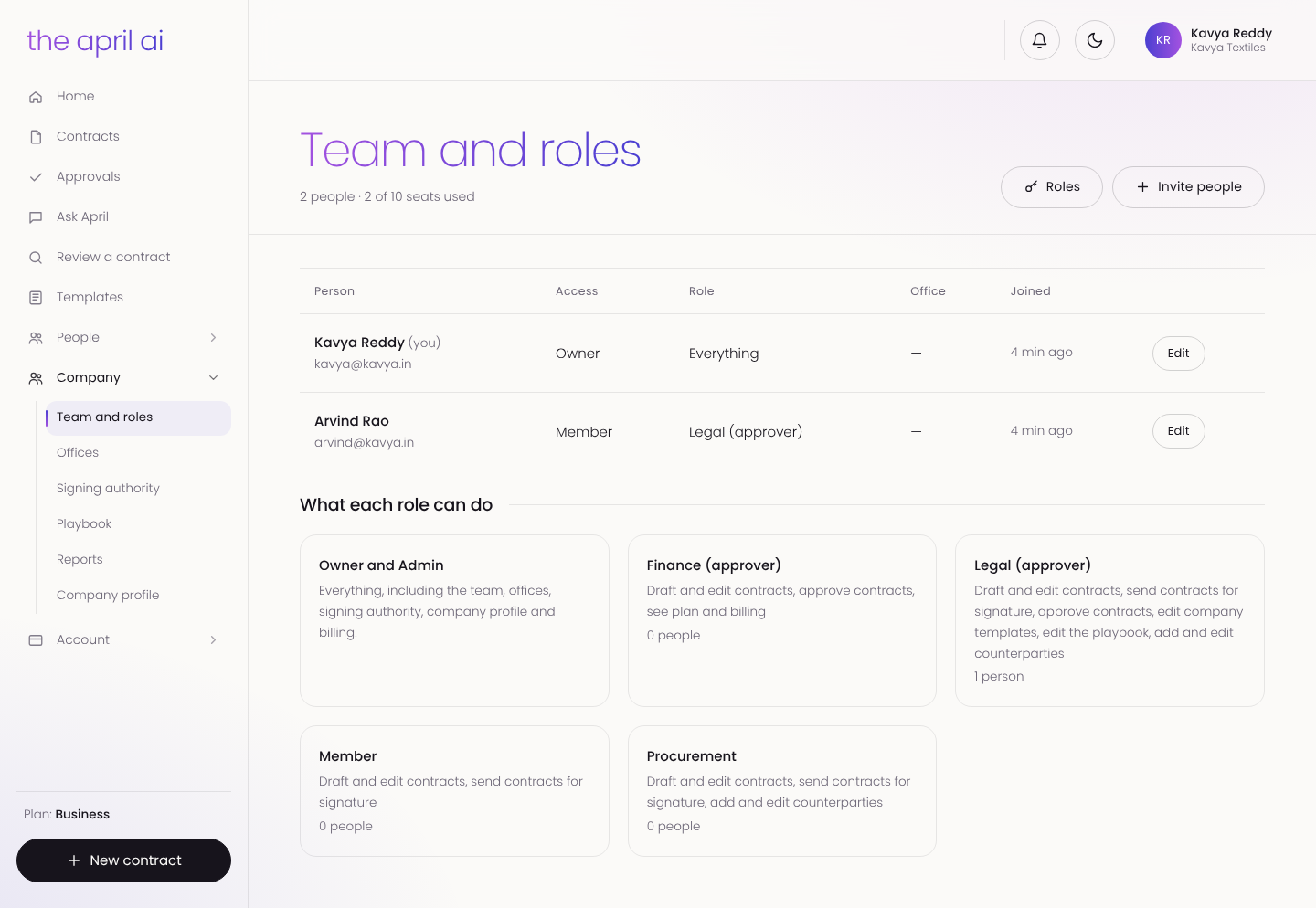 Team and roles screen with owners, finance, legal and procurement approvers