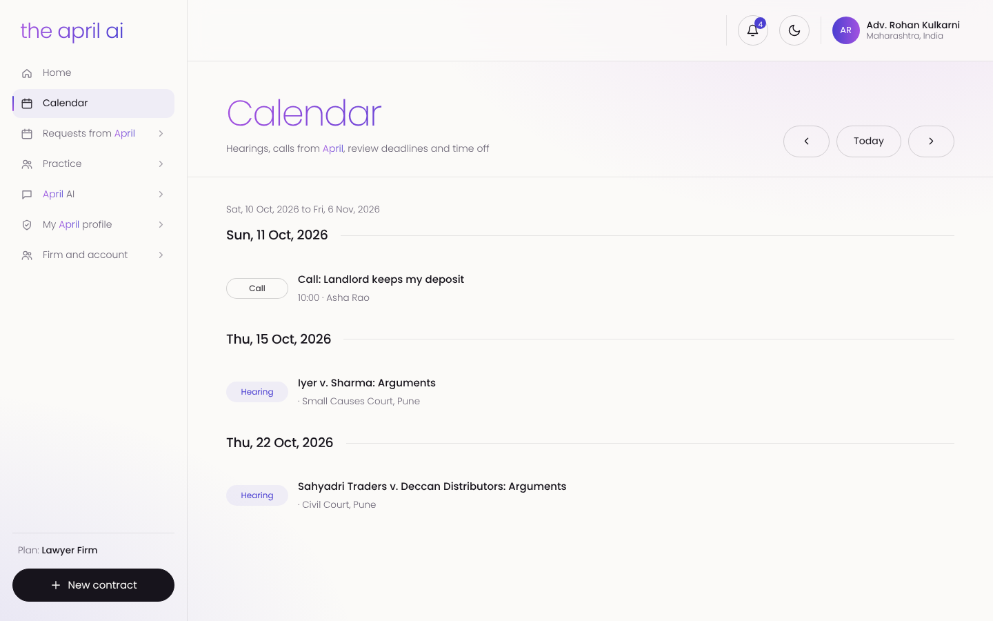 Calendar with a client call and court hearings across the week