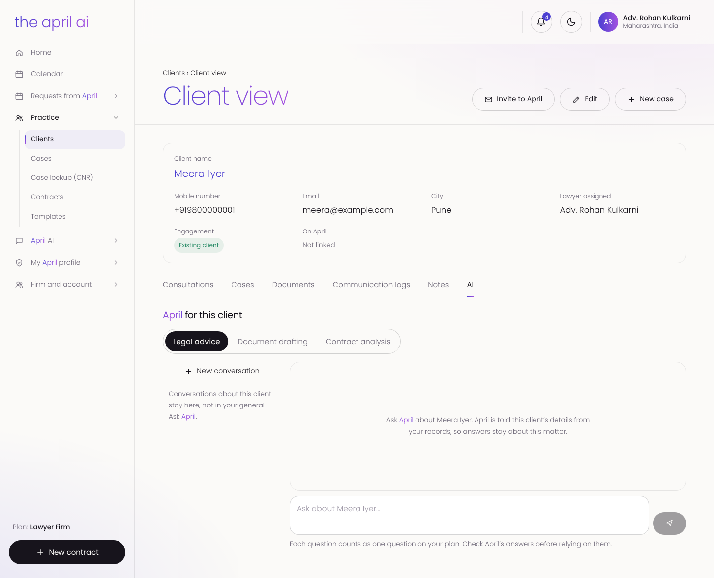 A client page with April ready to answer questions about that client