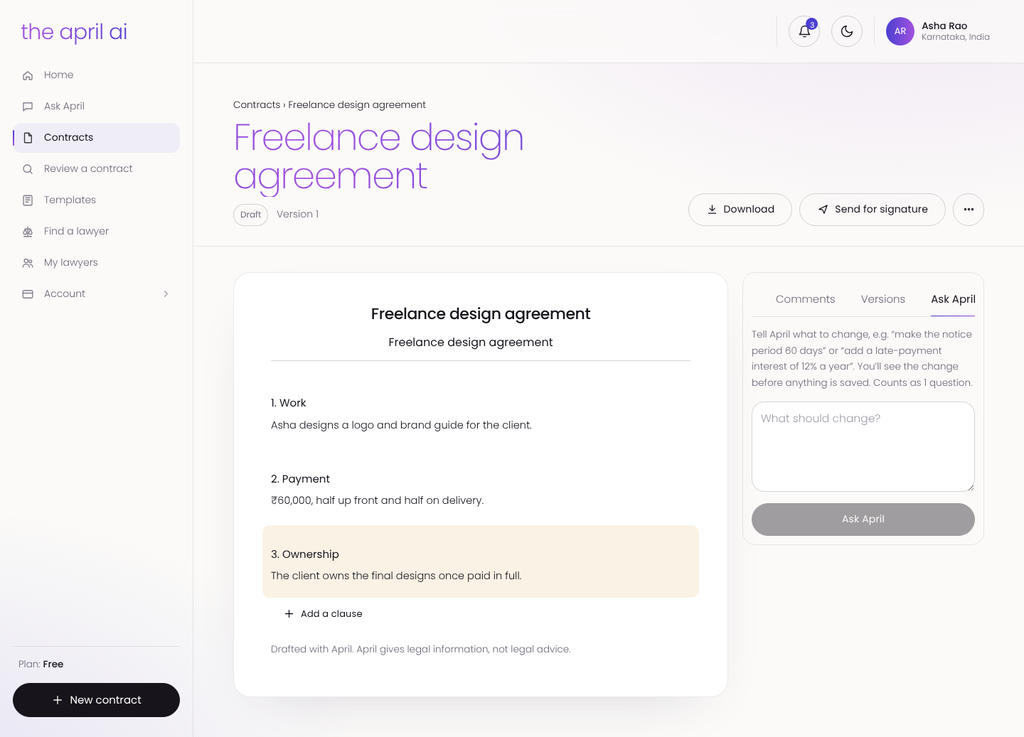 Contract editor with the Ask April panel open beside the document