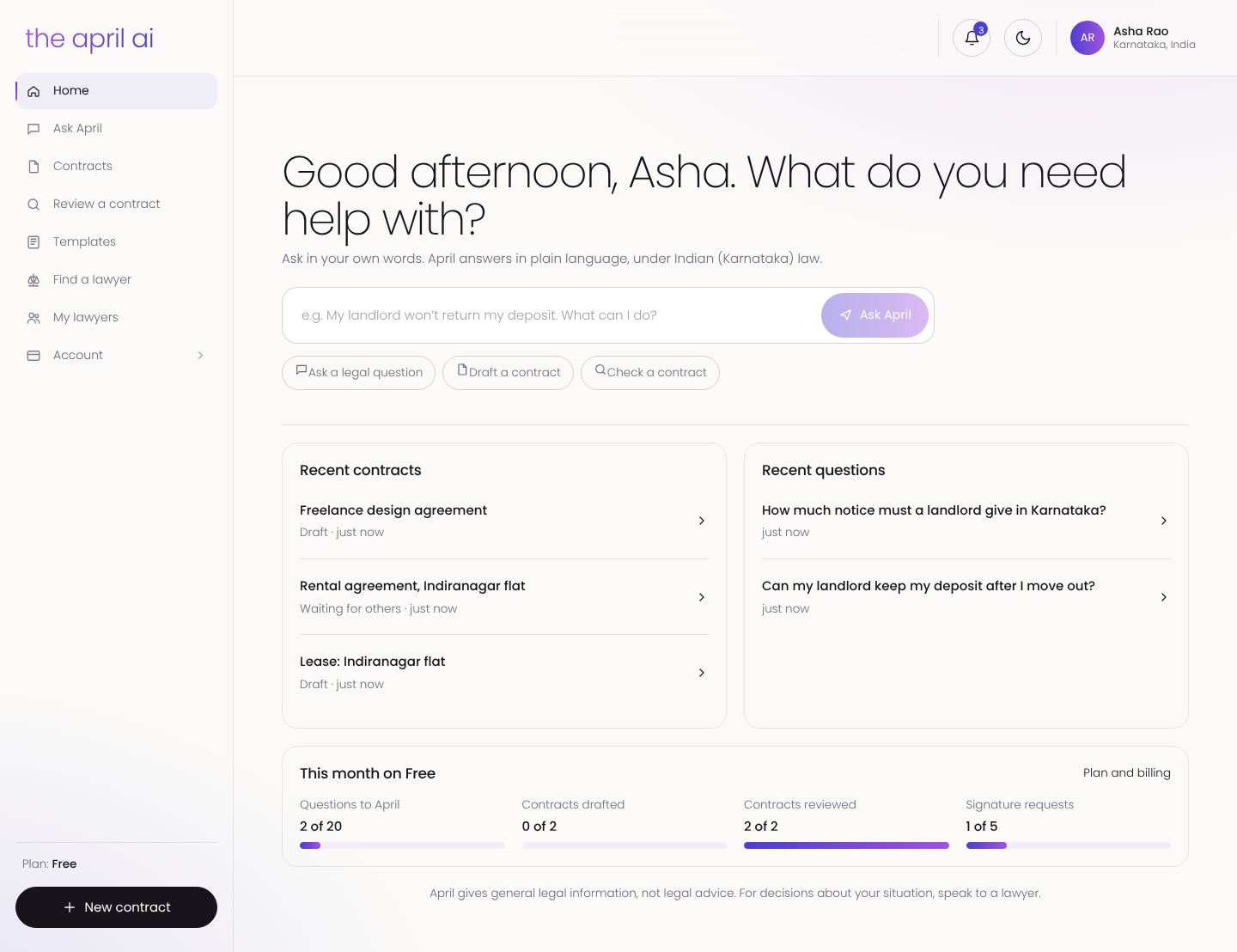 The April AI home screen for an individual, with the Ask April box, recent contracts and recent questions