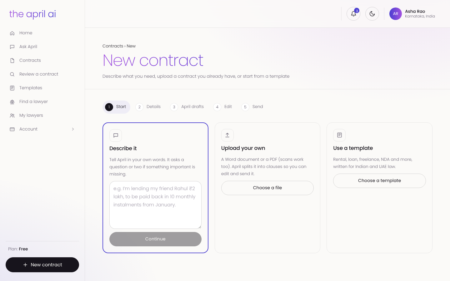 New contract screen with three ways to start: describe it, upload your own or use a template
