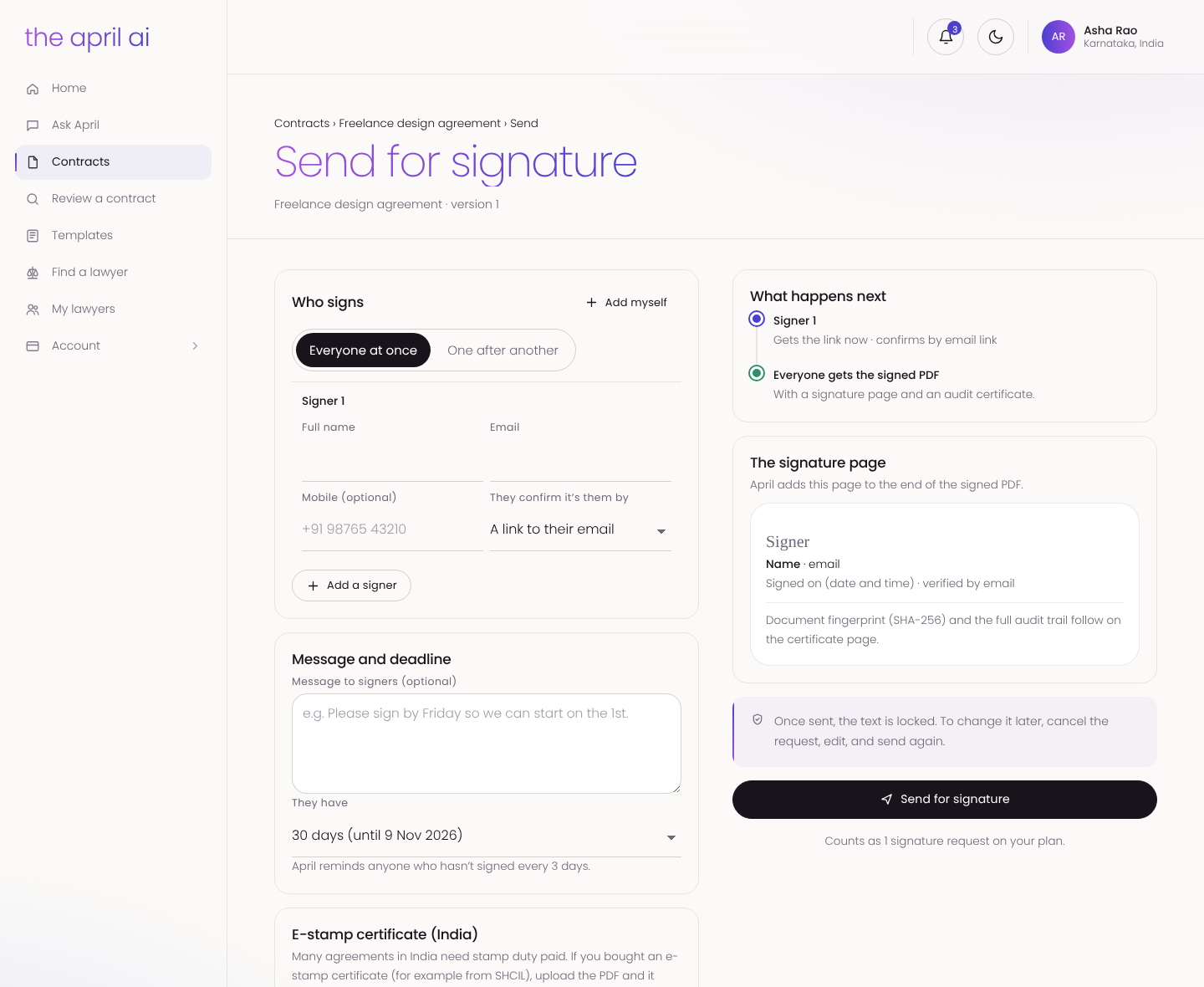 Send for signature screen with signers, what happens next and the signature page