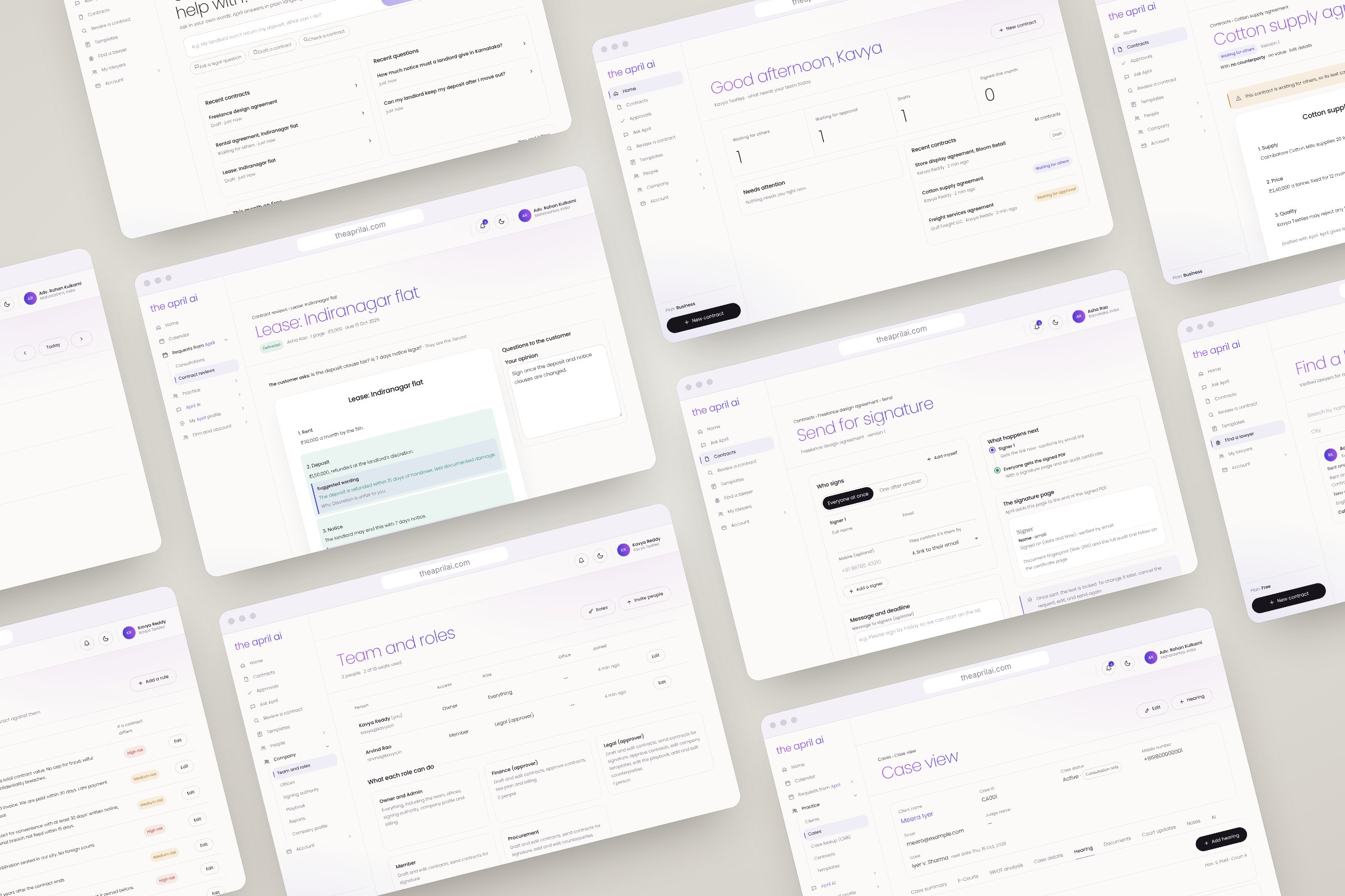 The April AI web portals: home screens, a contract review, send for signature, team and roles, a case with hearings and the lawyer calendar