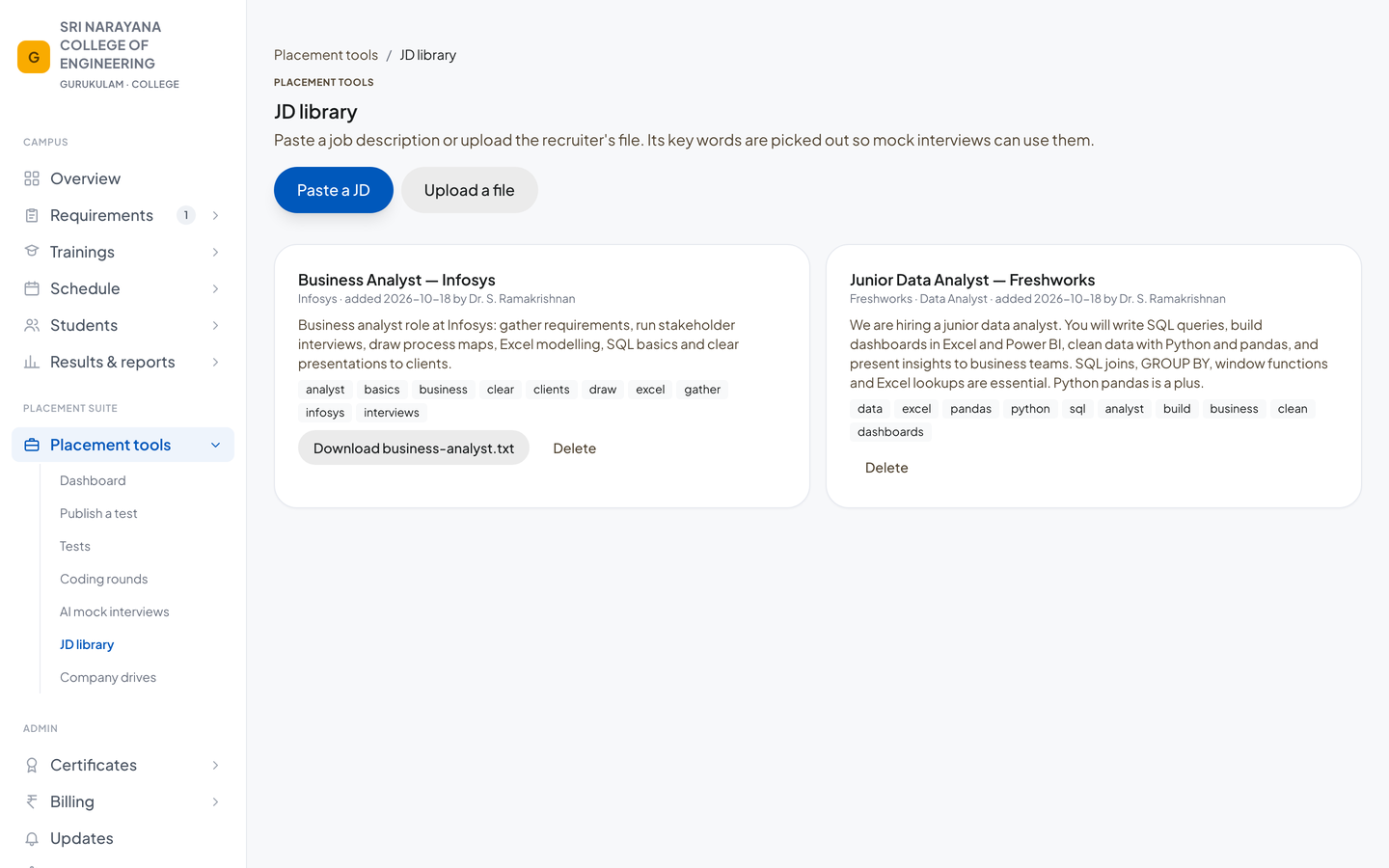JD library with job descriptions from recruiters and the keywords picked out of each