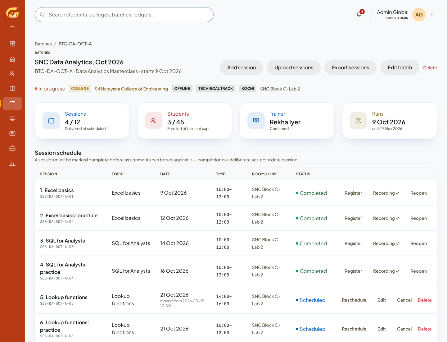 A batch record with its session schedule, trainer, students and progress