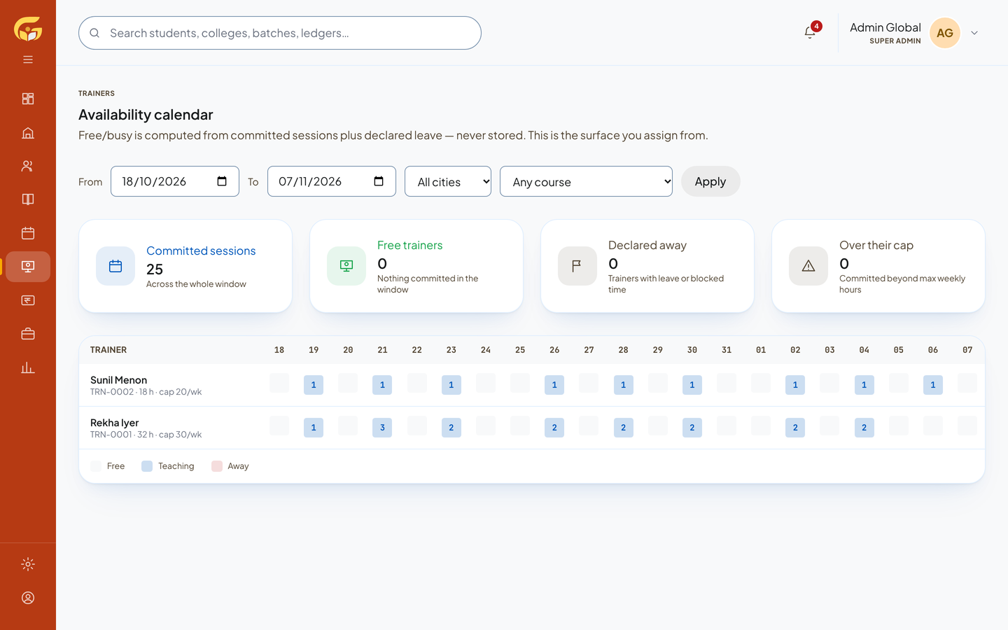 Trainer availability calendar showing teaching days and free days for each trainer