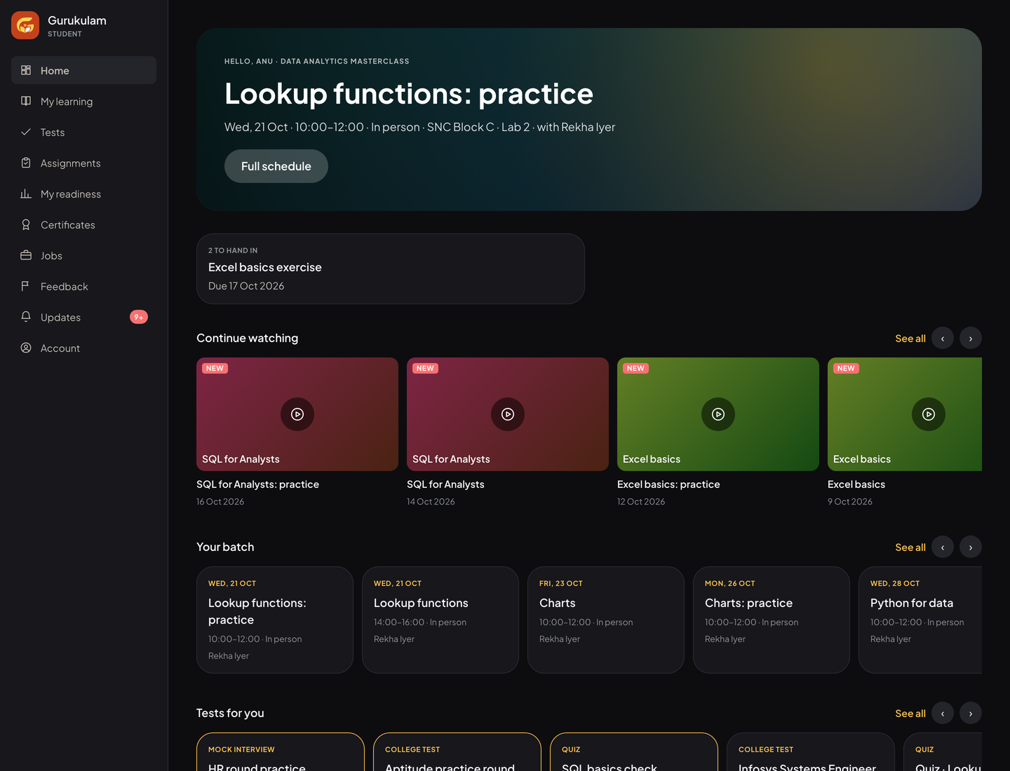 Student home in the dark theme with the next class, work to hand in, recordings and the batch schedule