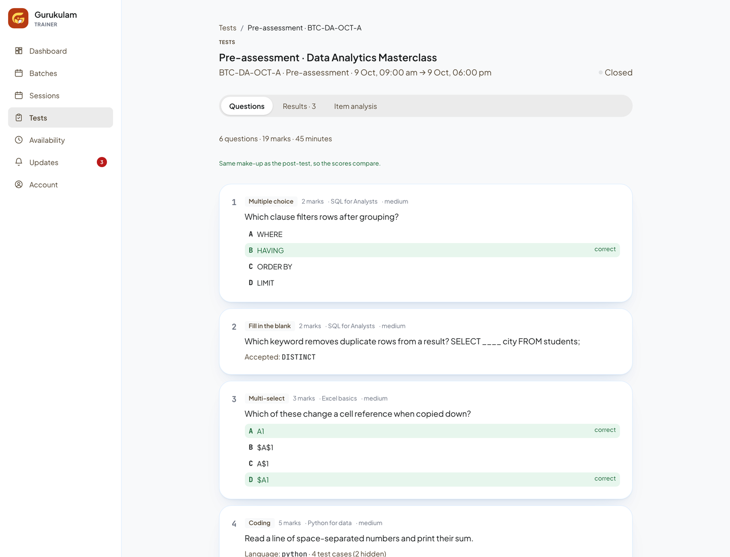 Test builder showing the questions of a pre-assessment with their type, marks and topic