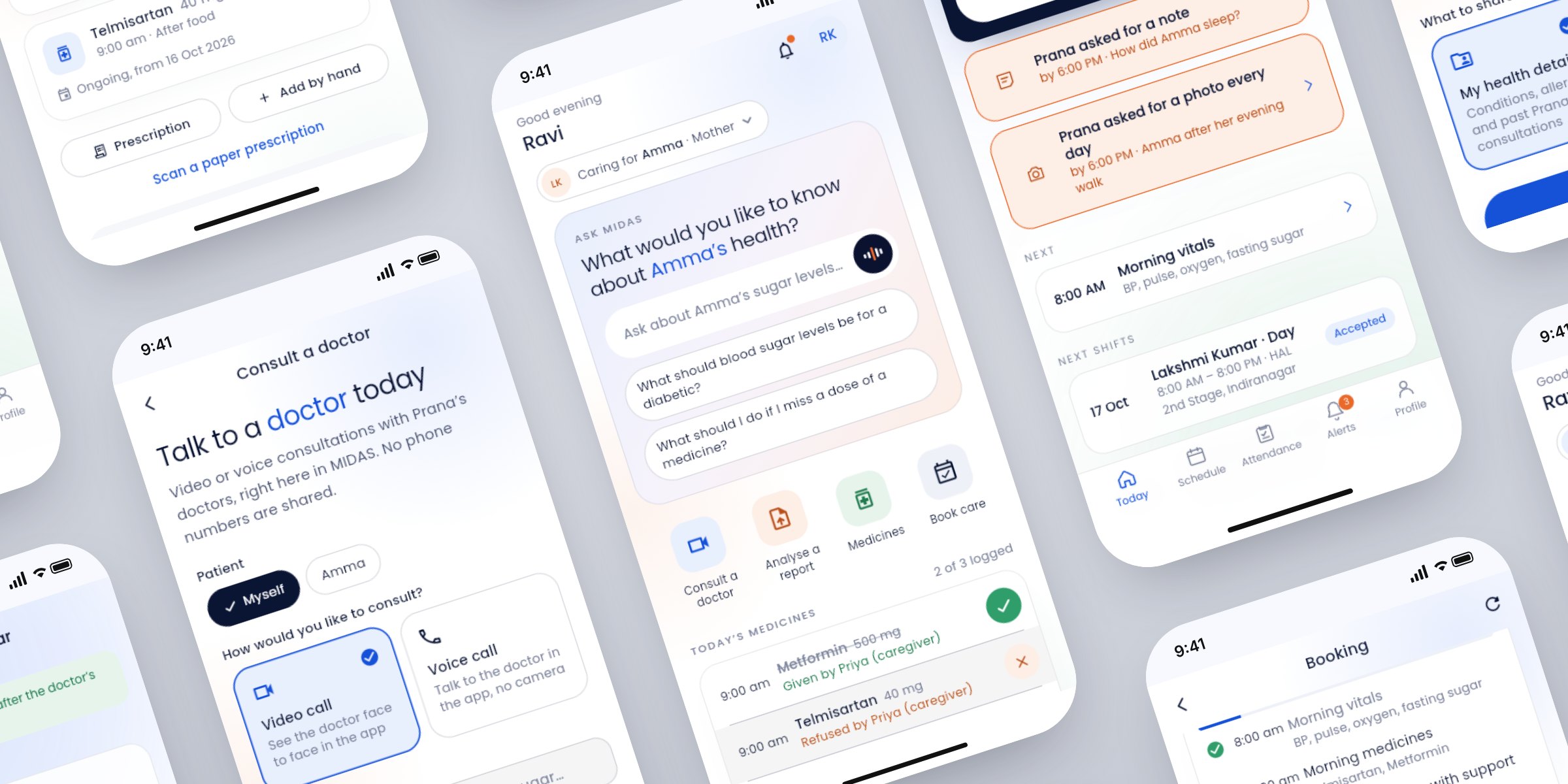 MiDAS app screens: the family home, medicines, doctor consultation, lab booking, and the nurse's day and care plan