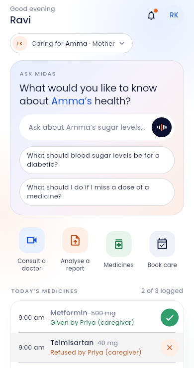 Family app home screen, caring for Amma