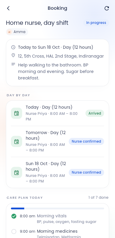 Home nurse booking with day-by-day shifts