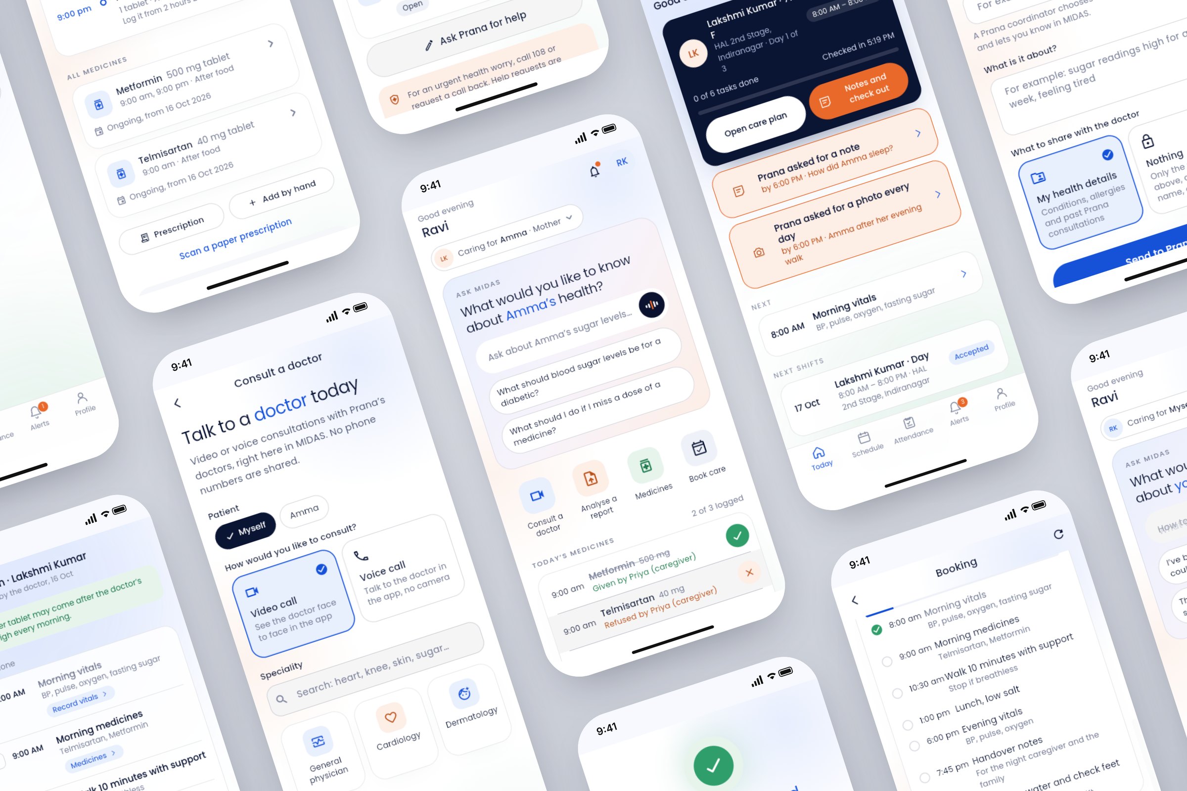 MiDAS app screens: the family home, medicines, doctor consultation, lab booking, and the nurse's day and care plan