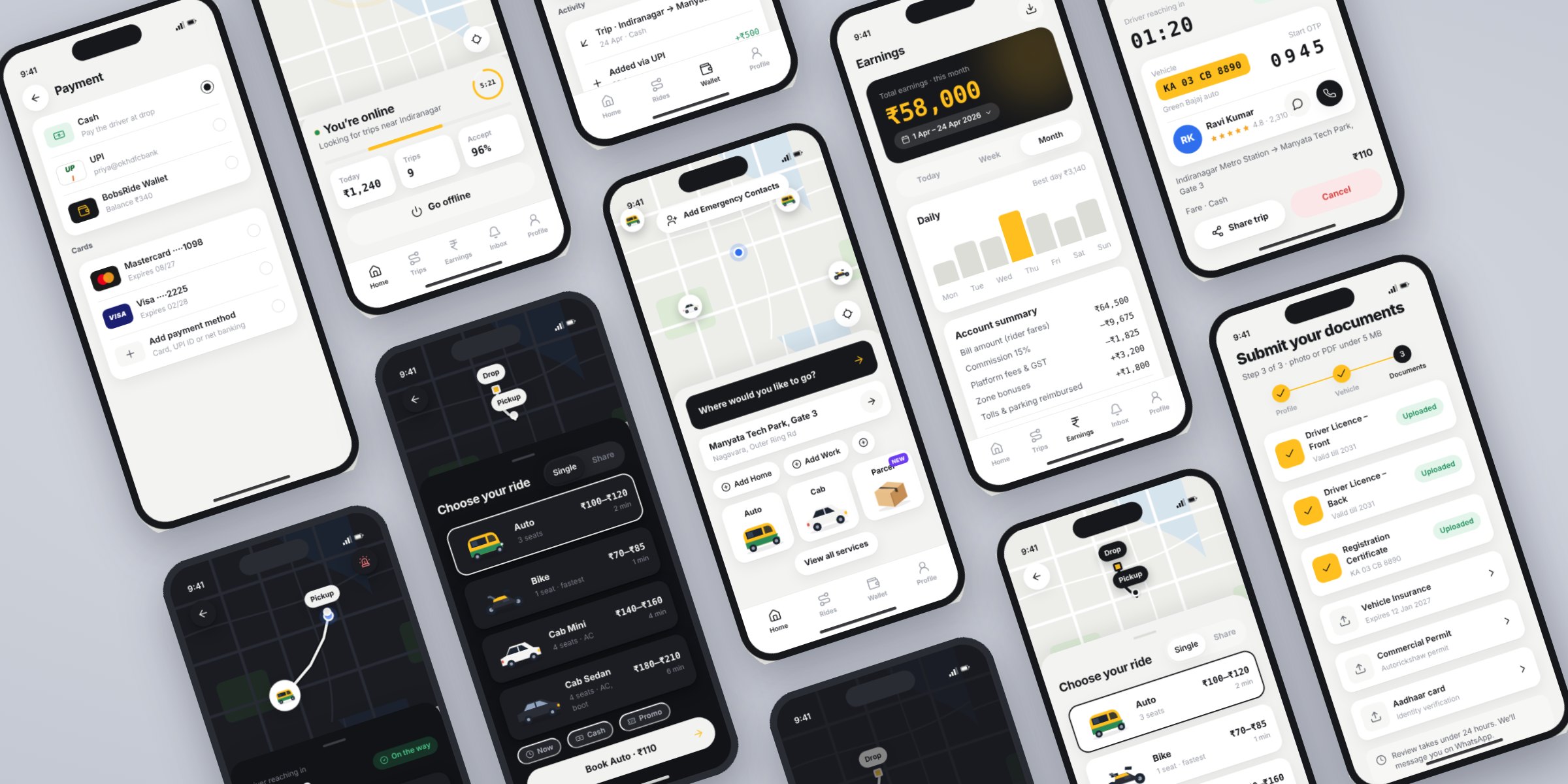Ride-hailing concept screens: rider home, choosing a ride, driver on the way, wallet, and the driver’s earnings, trip request and documents
