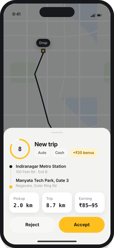 New trip request with pickup distance, trip length and earning